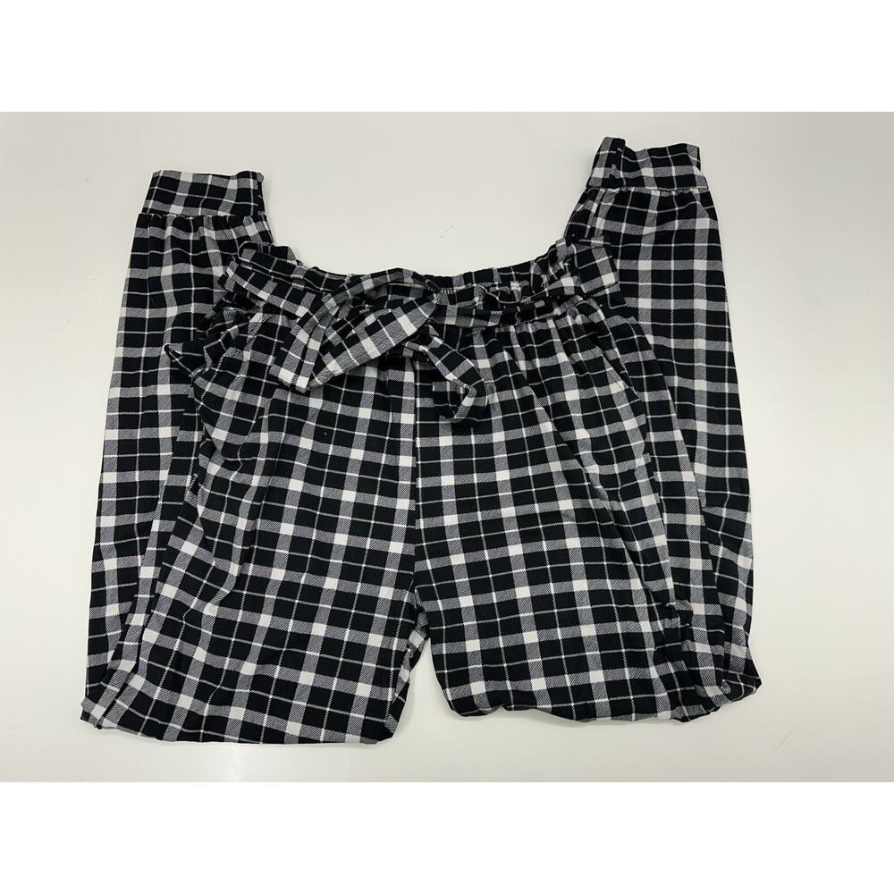 Shosho Womens Pants Size Large Black White Plaid Tappered Leg Paperbag Waist